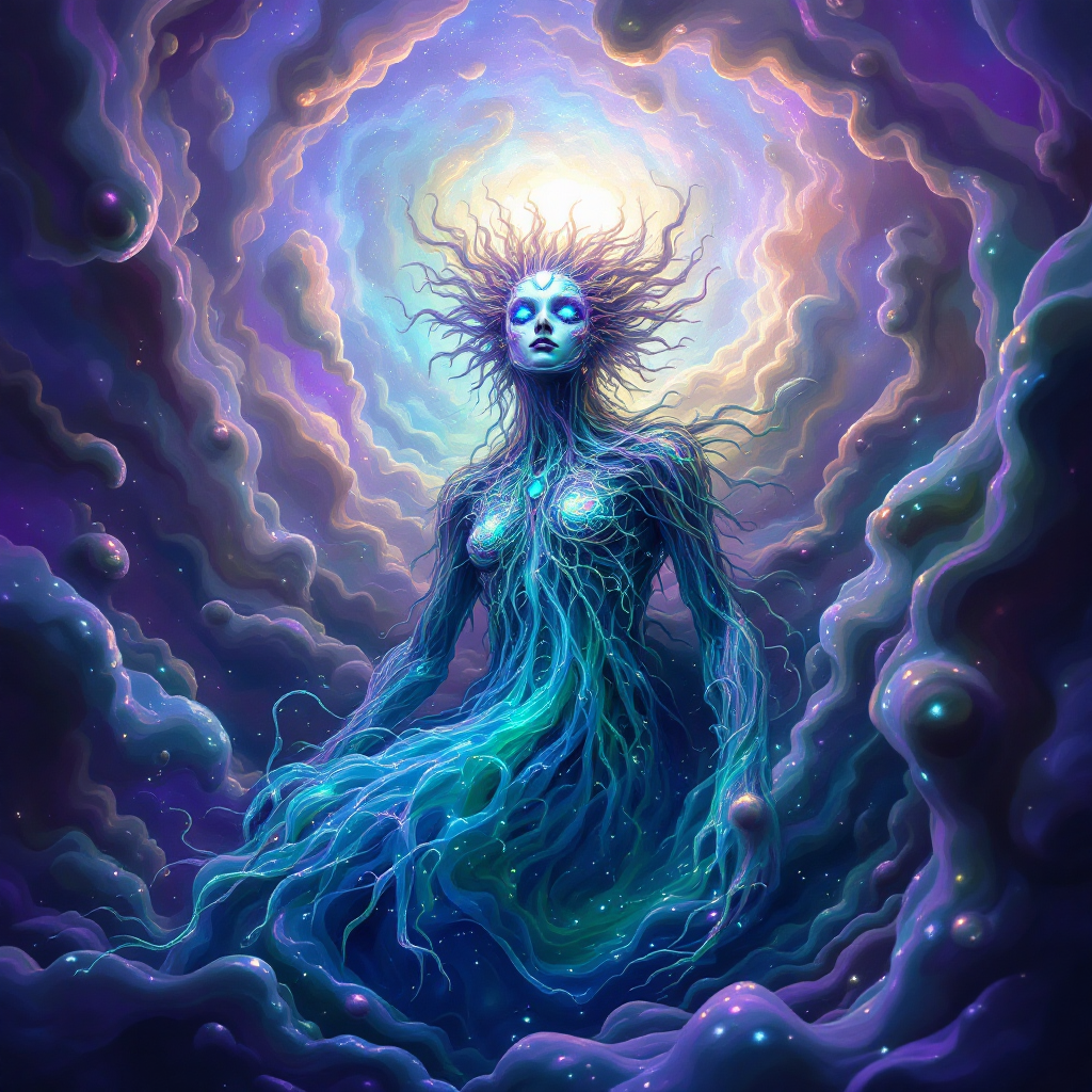 A figure with ethereal, flowing roots emerges from colorful, swirling clouds, embodying the essence of embracing the unknown as depicted in the quote.