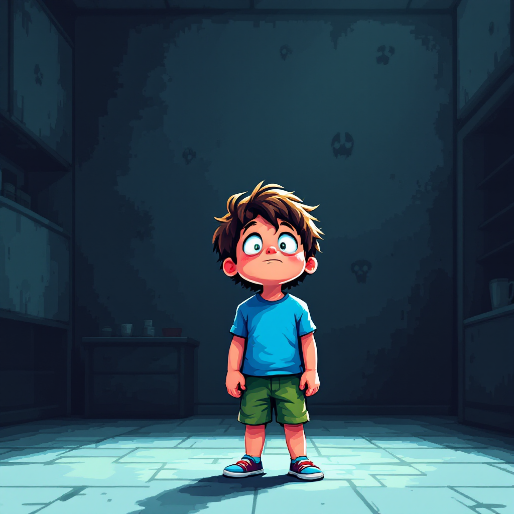 A young boy stands in a dimly lit room, his wide eyes reflecting curiosity and innocence, embodying the discovery of his gift and the shadows that hint at lurking darkness.