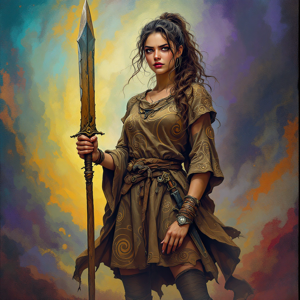 A determined woman stands confidently with a spear, embodying bravery and strength against a vivid, swirling background that reflects courage amidst fear.