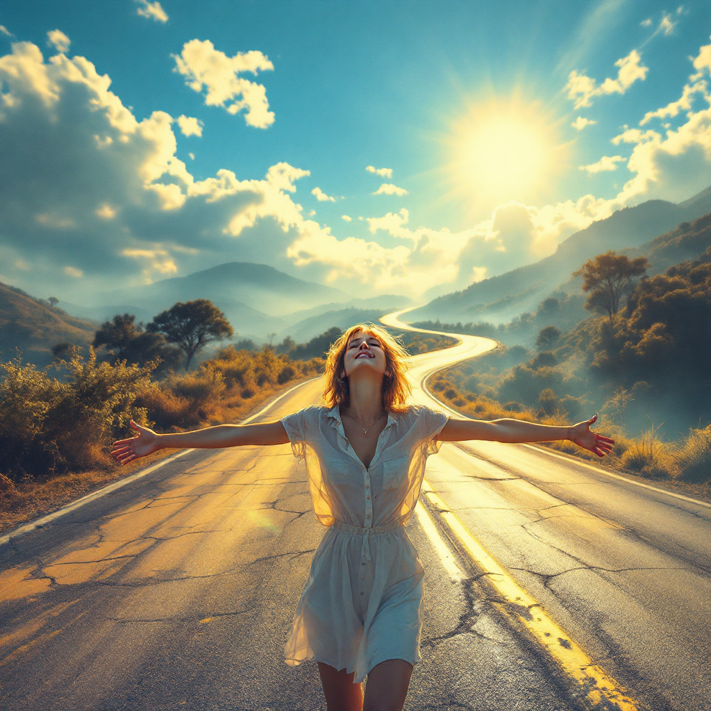 A woman stands with arms outstretched on a winding road, basking in sunlight that filters through clouds, embodying the quote about embracing life's journey.