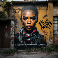 A striking mural on a weathered wall depicts a determined young woman, embodying resilience, with the quote about survival and history prominently featured beside her.