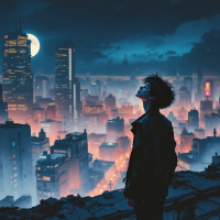 A figure stands on a rooftop, gazing up at a full moon above a sprawling cityscape, reflecting a sense of solitude and the heavy burden of connection. Soft lights illuminate the urban backdrop.