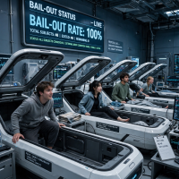 A row of young, healthy individuals seated in futuristic pods, each pod displaying a “Bail-out Rate: 100%” sign, highlighting a full evacuation from their bodies.