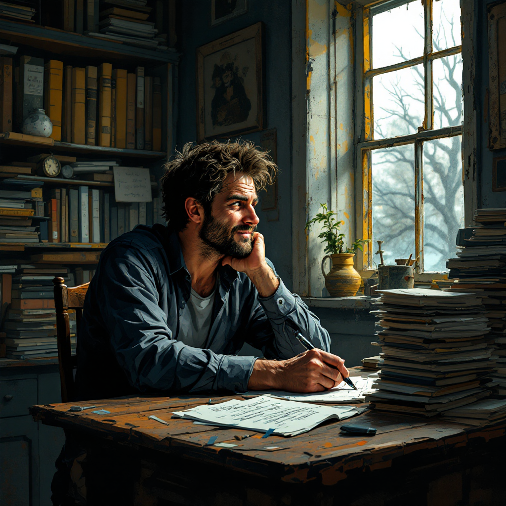 A contemplative writer sits at a cluttered table, surrounded by stacks of papers and books, reflecting on his works that never saw the light of day. Sunlight filters through a window.