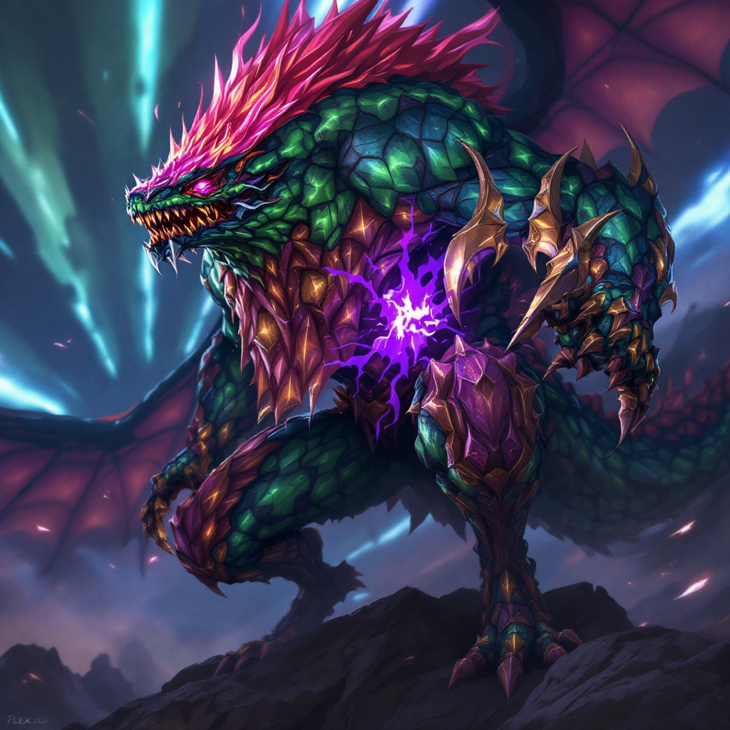 A vibrant, fearsome monster with colorful scales and glowing eyes stands atop rugged terrain, radiating power and energy, embodying the idea of using bait to attract others.