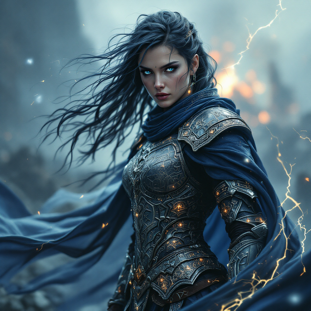 A fierce woman in ornate armor stands amidst a stormy, chaotic landscape, her intense gaze illuminated by flashes of lightning, embodying the quote Never compromise. Not even in the face of Armageddon.