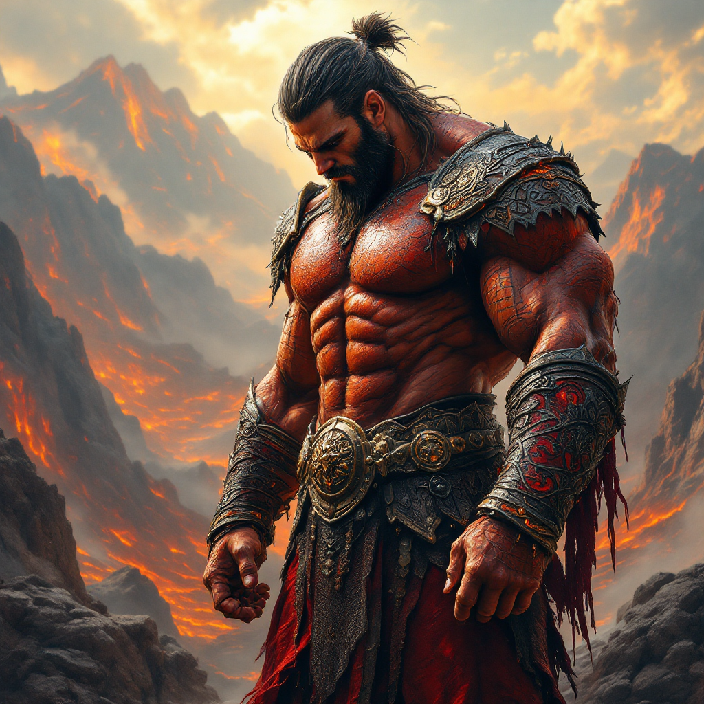 A muscular warrior in ornate armor stands pensively against a backdrop of fiery mountains, embodying the balance between strength and wisdom inspired by the quote, “Even strength must bow to wisdom sometimes.”