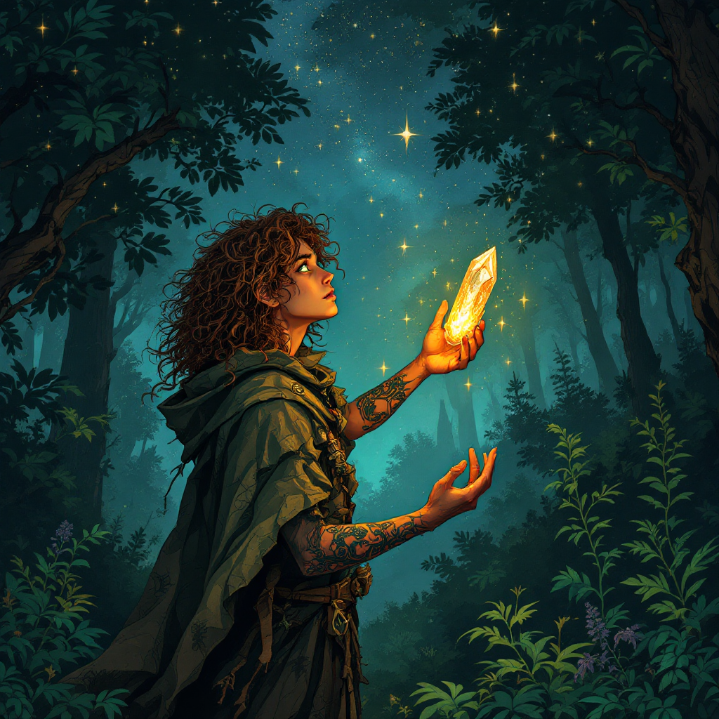 A young person in a forest gazes upward, holding a glowing crystal, surrounded by vibrant greenery and twinkling stars, embodying the spirit of daring to dream big.