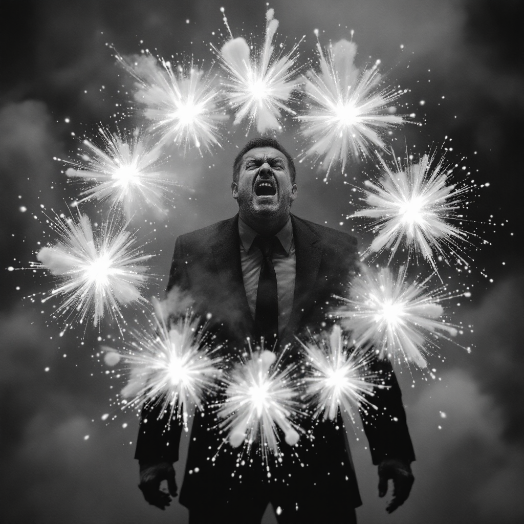 A man in a suit stands amidst dramatic sparks and smoke, his expression one of fury or despair, embodying the quote: Power is a cruel mistress, and it makes fools of us all.