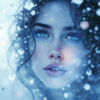 A close-up of a young woman with striking blue eyes and dark, wavy hair, surrounded by softly falling snowflakes, embodying the tension of hope and danger in a serene winter scene.