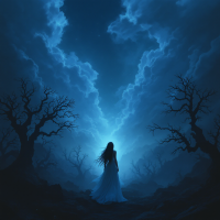 A lone figure in a flowing white dress stands in a dark, eerie landscape under a dramatic sky filled with swirling clouds, evoking a sense of dread and contemplation.