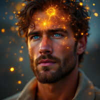 A contemplative man with striking blue eyes gazes thoughtfully, as a radiant glow of golden sparks illuminates his forehead, embodying the quote about glory lighting up the mind.