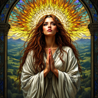 A serene woman in a flowing white garment prays with hands clasped, framed by a radiant sunburst and a lush landscape, embodying the idea of finding guidance in history for the future.