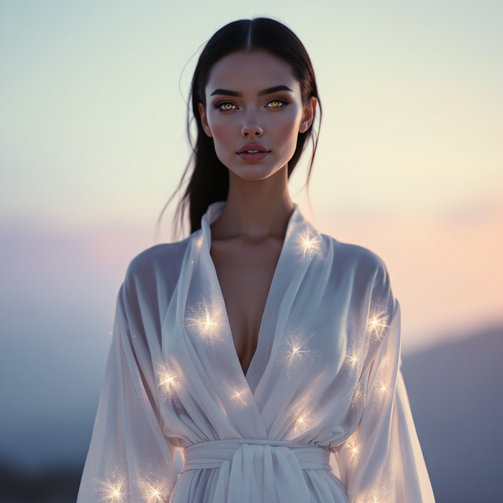 A serene figure in a glowing white robe stands confidently against a twilight backdrop, embodying the spirit of embracing winning over the fear of losing.