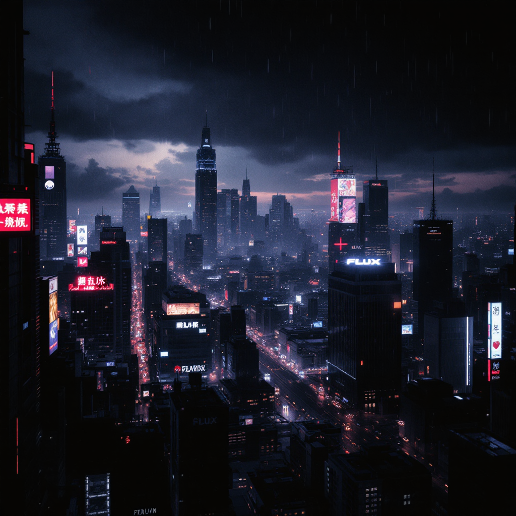 A dark, rainy cityscape illuminated by neon lights and towering skyscrapers reflects themes of change and self-improvement, embodying the quote about changing one's ways.