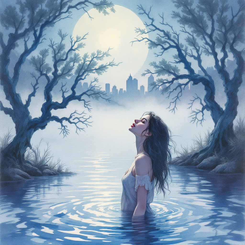 A woman stands in a tranquil lake under a luminous moon, surrounded by bare trees and a distant city skyline, embodying beauty amidst chaos and the depth of the human experience.