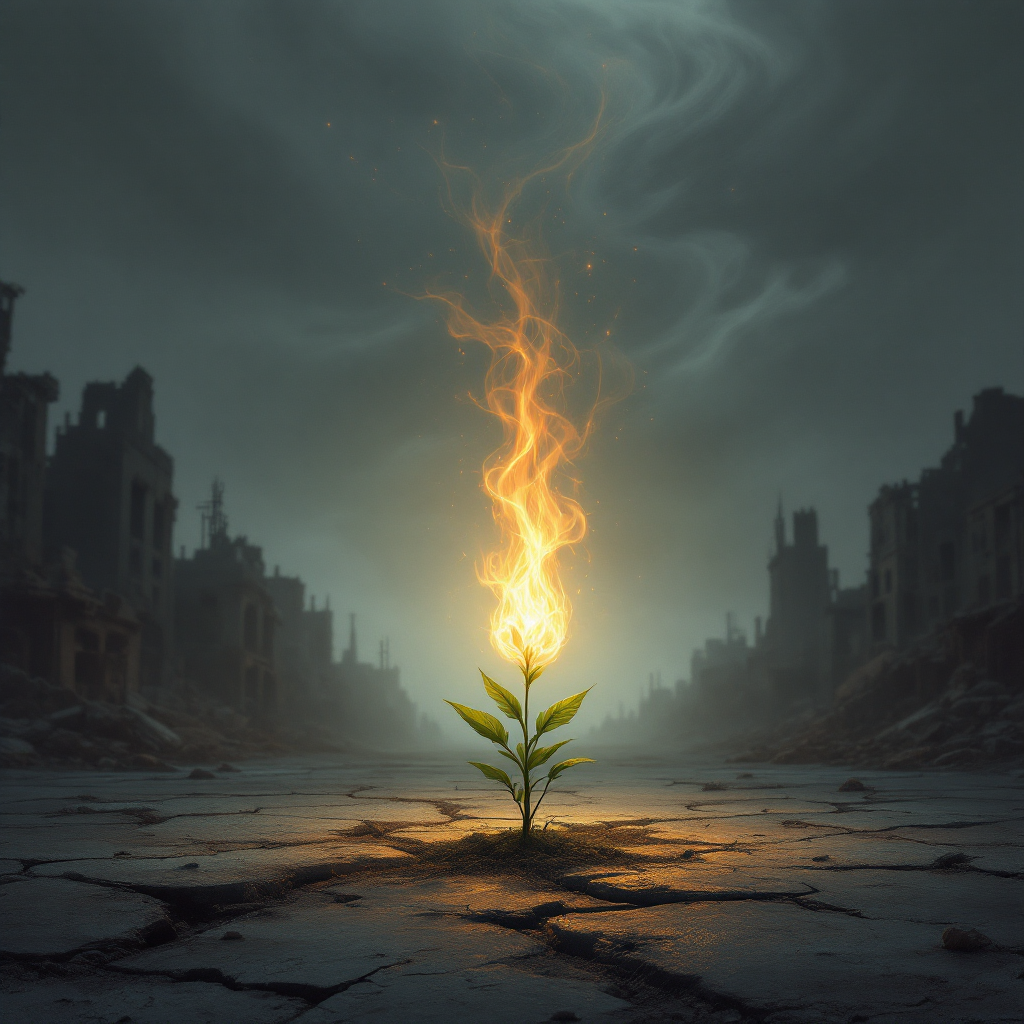 A single green plant with glowing flames rises from the cracked ground amidst a desolate, ruined landscape, embodying the quote about hope as an ember in barren places.