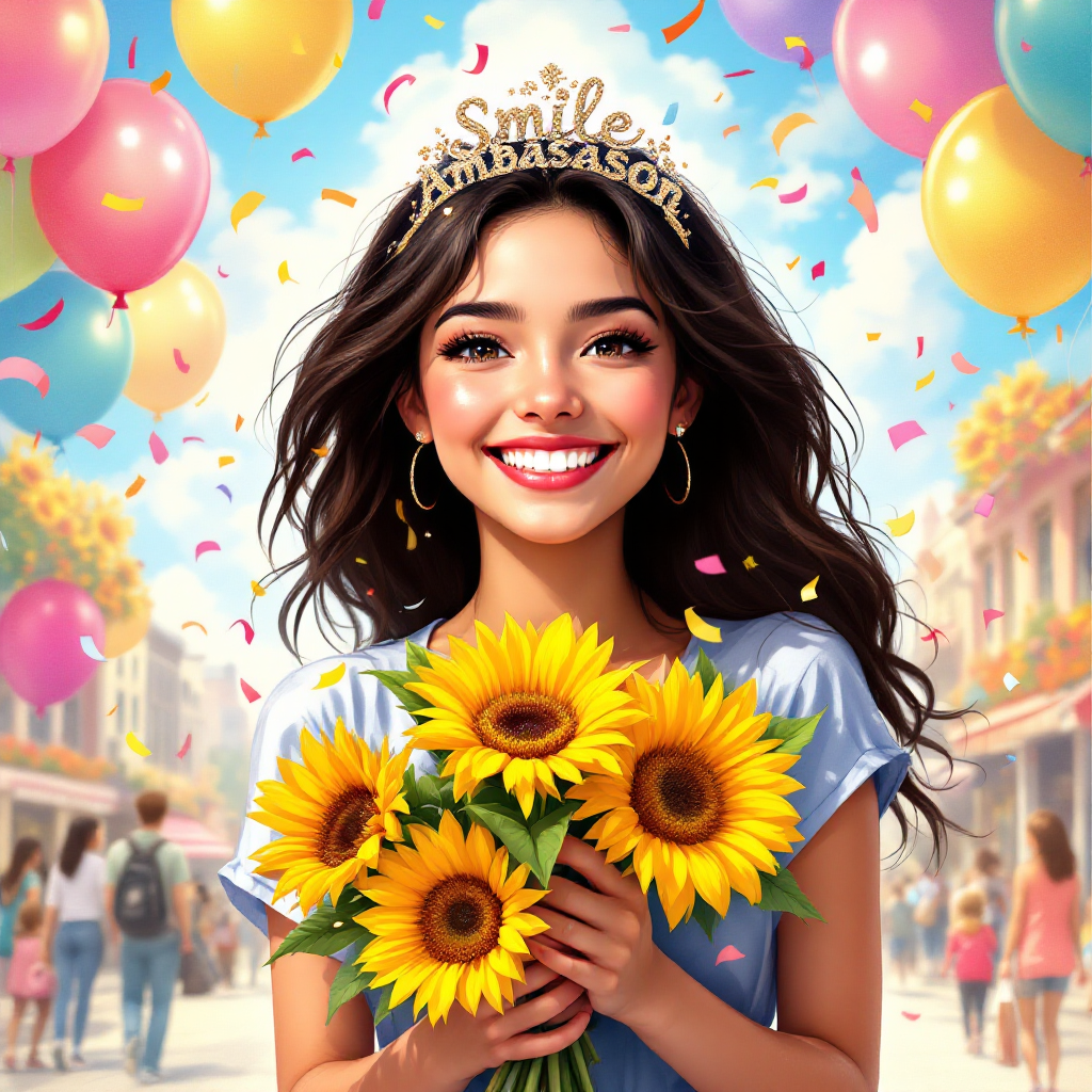 A joyful woman with sunflowers smiles brightly, wearing a crown that reads “Smile Ambassador,” surrounded by colorful balloons and a festive atmosphere, embodying the spirit of uplifting others.