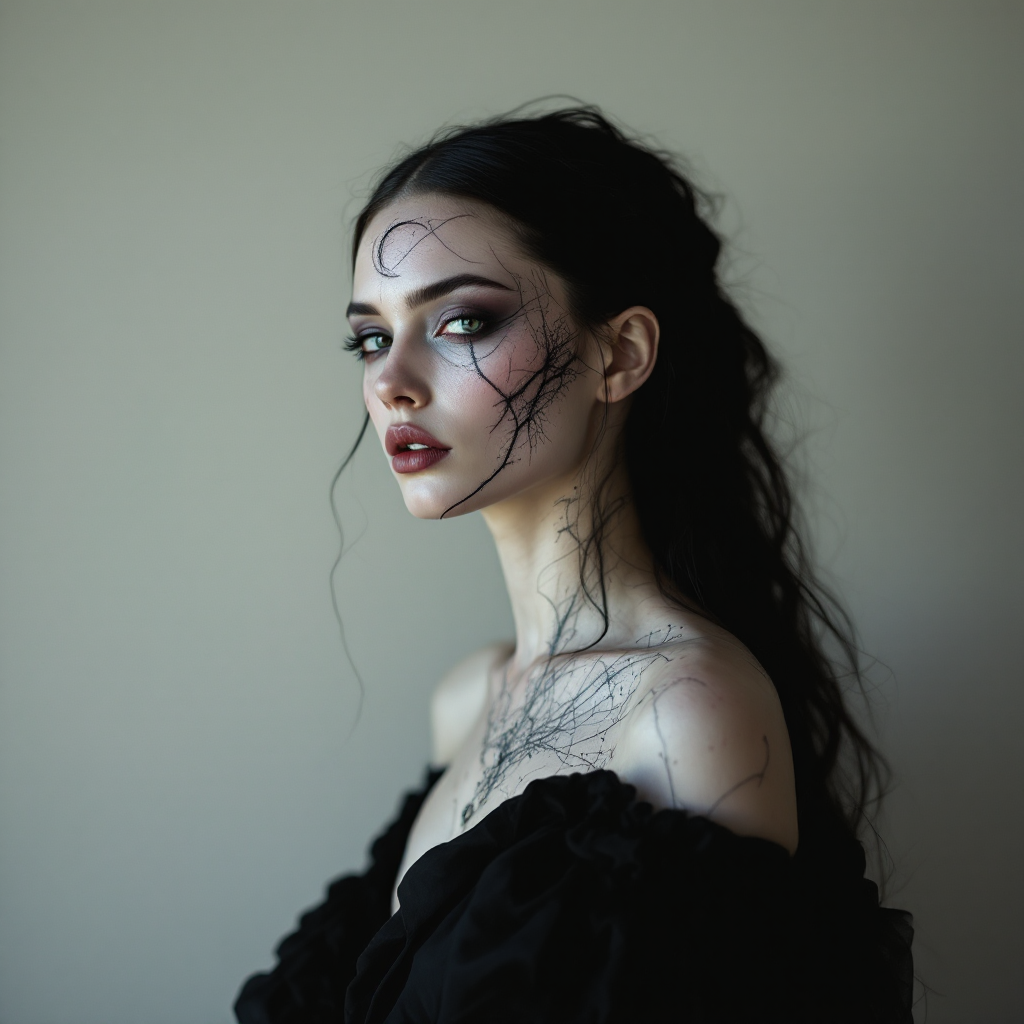 A woman with intricate, spiderweb-like designs on her face and body gazes thoughtfully, embodying the quote about scars and stories, inviting understanding and reflection.