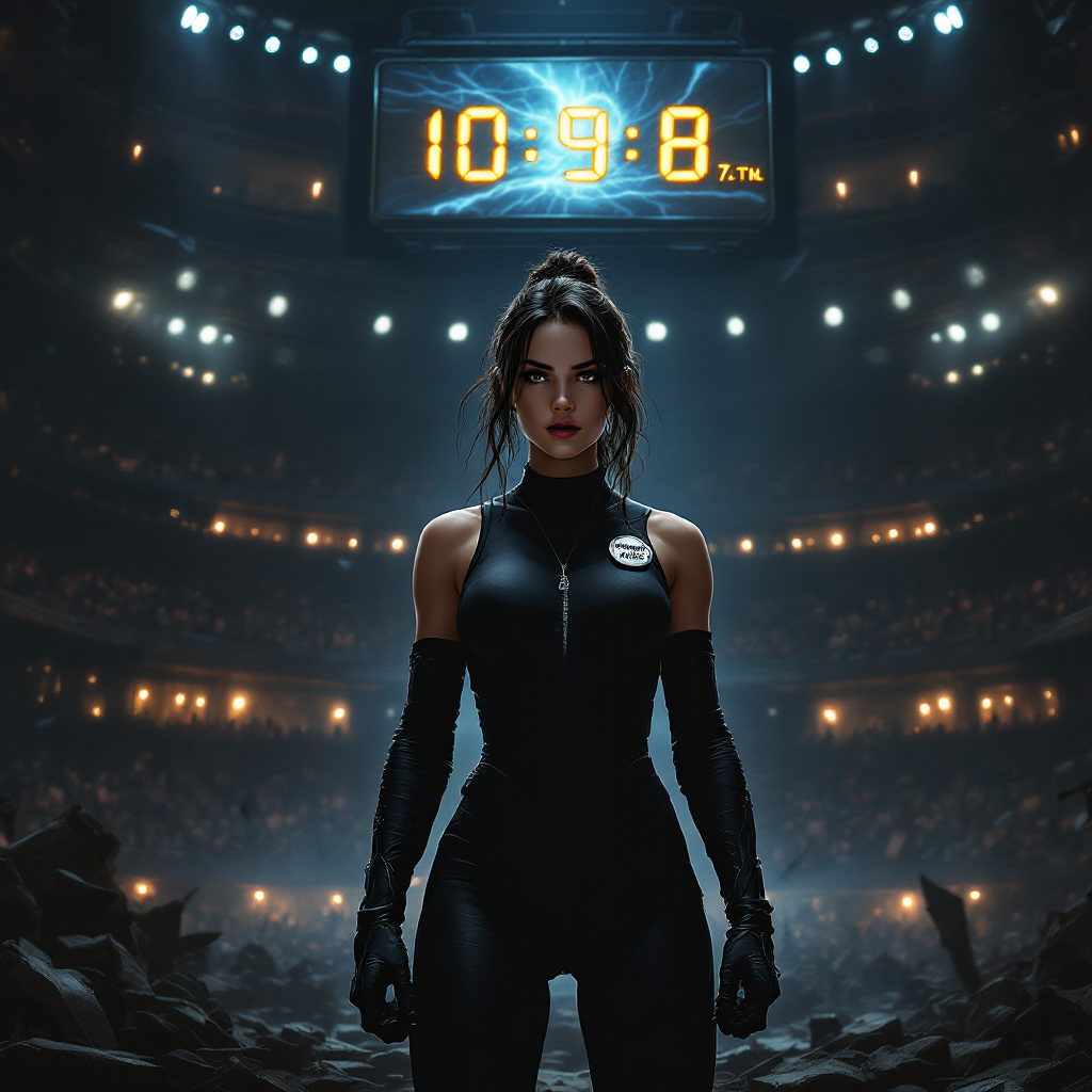 A determined figure stands in a dark arena, wearing a sleek black outfit, as a timer counts down ominously behind her, embodying the quote about risking everything to win.