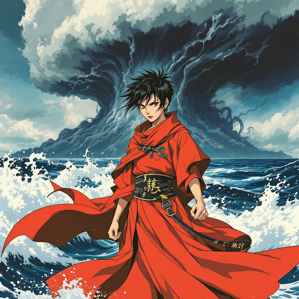 A calm figure in a red robe stands defiantly on turbulent waters, facing a looming storm, embodying the quote: “Courage is not the absence of fear, but the will to act in spite of it.”