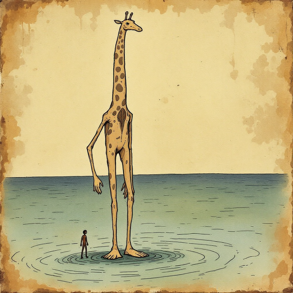 A towering, spindly giraffe-like creature with broad, dish-shaped feet stands on the ocean surface beside a small human, emphasizing its immense height and slender form.