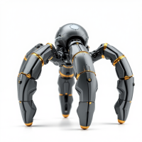 A robot with segmented metal tentacles, featuring a sleek black design accentuated with gold rings at the joints, stands prominently against a white background.