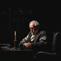 A contemplative figure in formal attire sits at a desk in dim light, with a lit candle casting shadows, embodying the essence of philosophy as an active pursuit of thought.