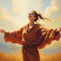 A young woman stands in a golden field, arms outstretched, embracing the sunlight and freedom, symbolizing individual power and responsibility as stated in the quote.