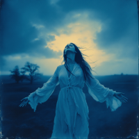 A woman in a flowing, ethereal dress stands with arms outstretched against a dramatic, cloudy sky, embodying freedom and resilience inspired by the quote about losing everything.