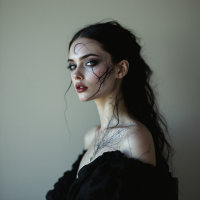 A woman with intricate, spiderweb-like designs on her face and body gazes thoughtfully, embodying the quote about scars and stories, inviting understanding and reflection.