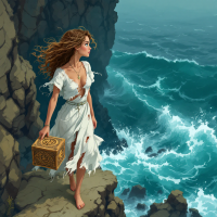 A woman stands on rocky cliffs, holding a mysterious box, her hair blowing in the sea wind, embodying the tension between the desire to be seen and the need for safety.