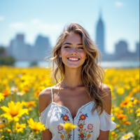 A smiling woman stands in a vibrant field of yellow flowers, with a city skyline in the background, embodying the message that love is not contingent on perfection.