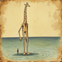 A towering, spindly giraffe-like creature with broad, dish-shaped feet stands on the ocean surface beside a small human, emphasizing its immense height and slender form.