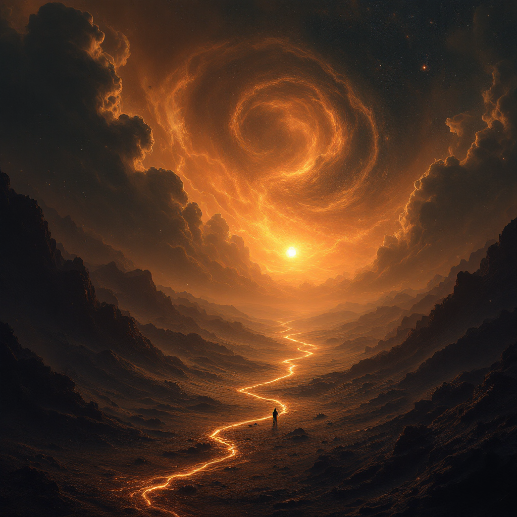 A surreal landscape bathed in warm orange and gold hues, with swirling clouds and a glowing path leading to a radiant sun, embodying the quote about the universe revealing truths in silence.