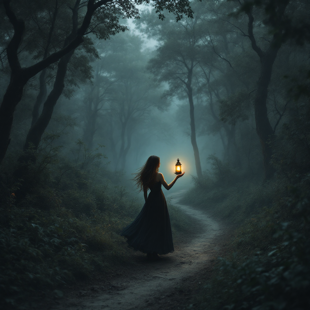 A figure in a long dark dress holds a glowing lantern, standing on a misty forest path, embodying the idea of embarking on a journey into the unknown.