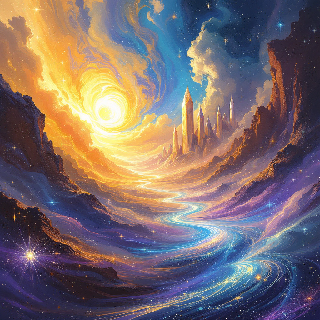 A vibrant cosmic landscape with swirling colors, a radiant sun, and distant mountains, depicting the idea of life as a canvas, embodying the quote about being a stroke in a masterpiece.