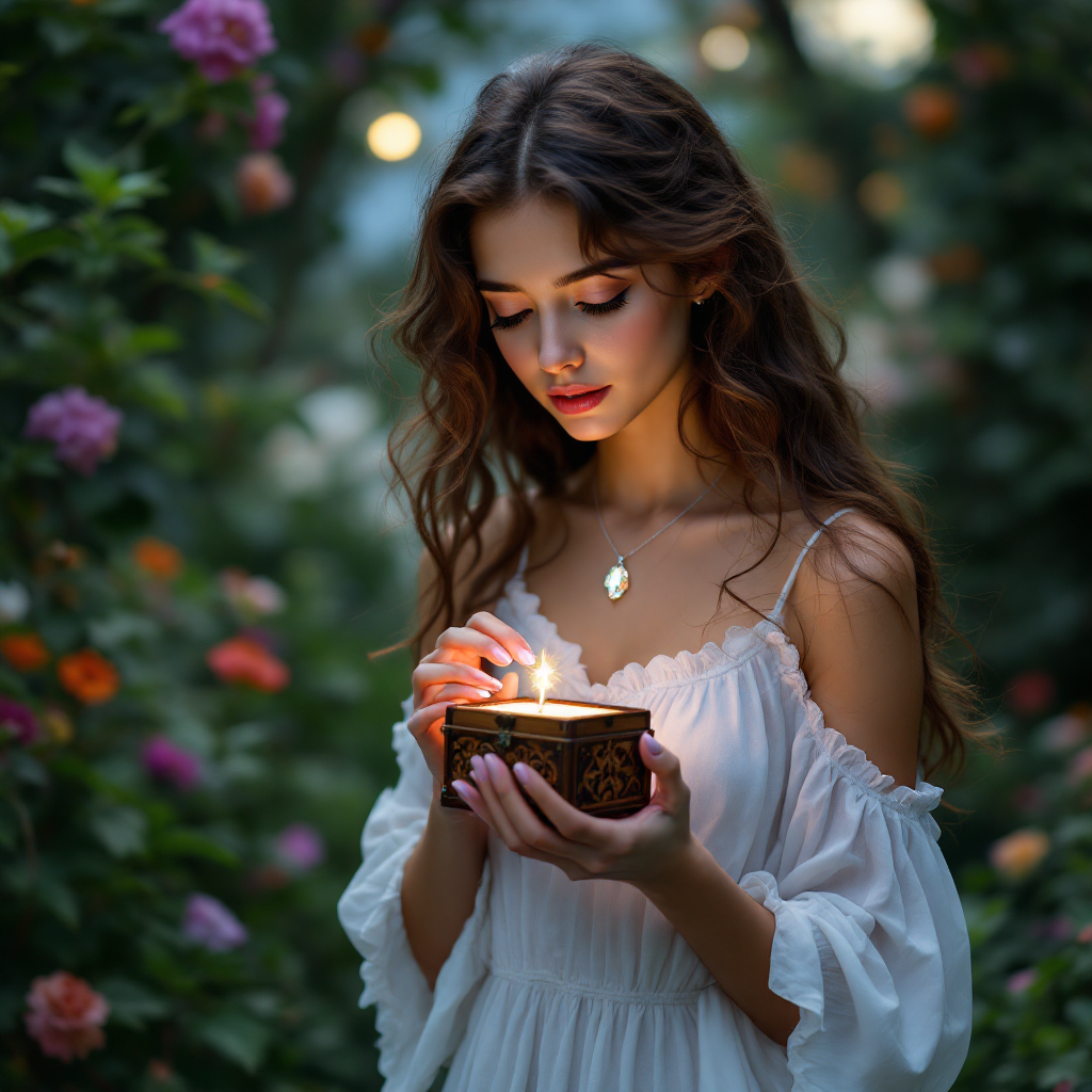 A young woman in a flowing white dress lights a candle inside an ornate box, surrounded by lush roses, embodying a life that is both simple and complicated.