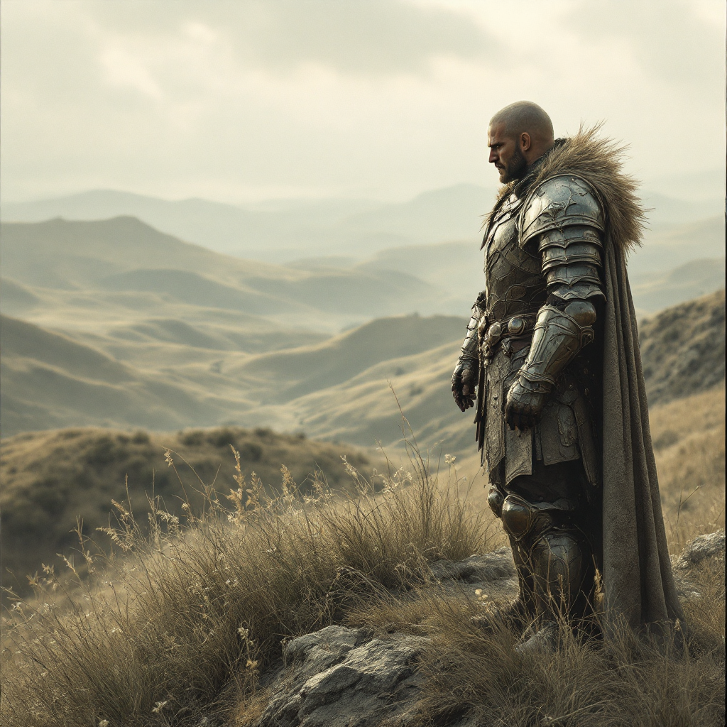 A lone armored figure stands on a rocky outcrop, gazing over expansive, rolling hills under a cloudy sky, embodying a moment of vulnerability amidst strength.