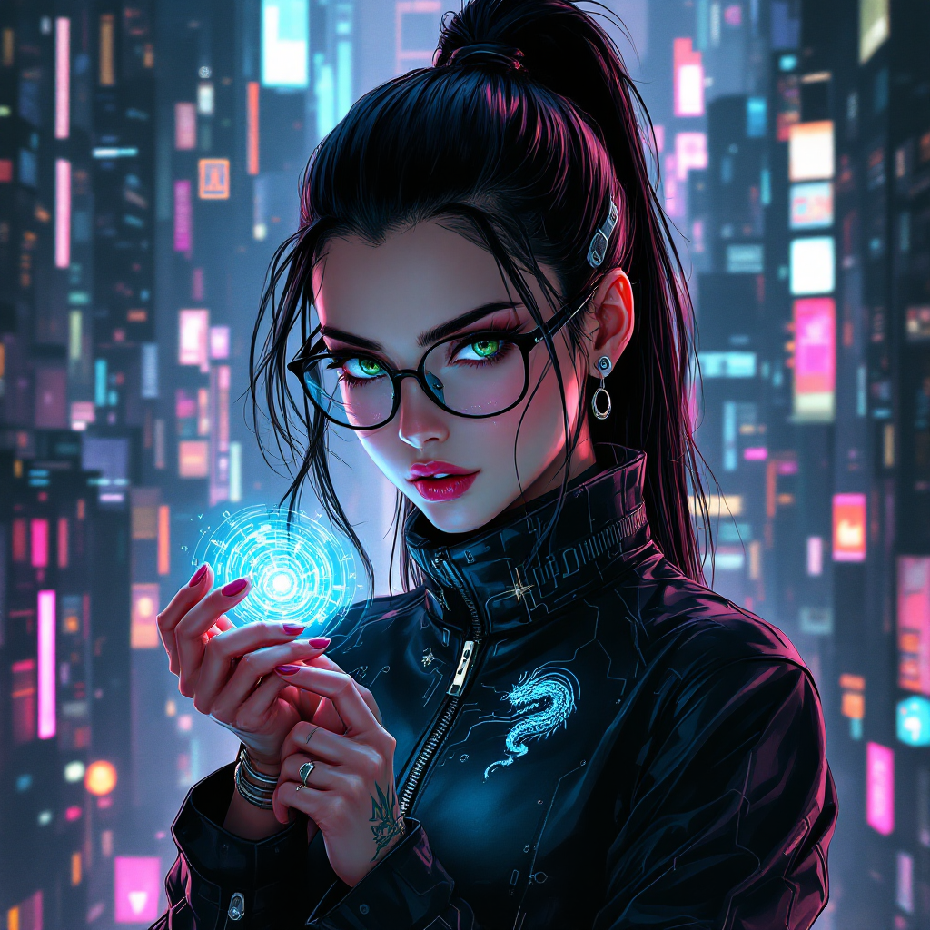 A focused young woman in glasses holds a glowing orb, set against a vibrant, futuristic cityscape, embodying the desire to preserve her mind and life.