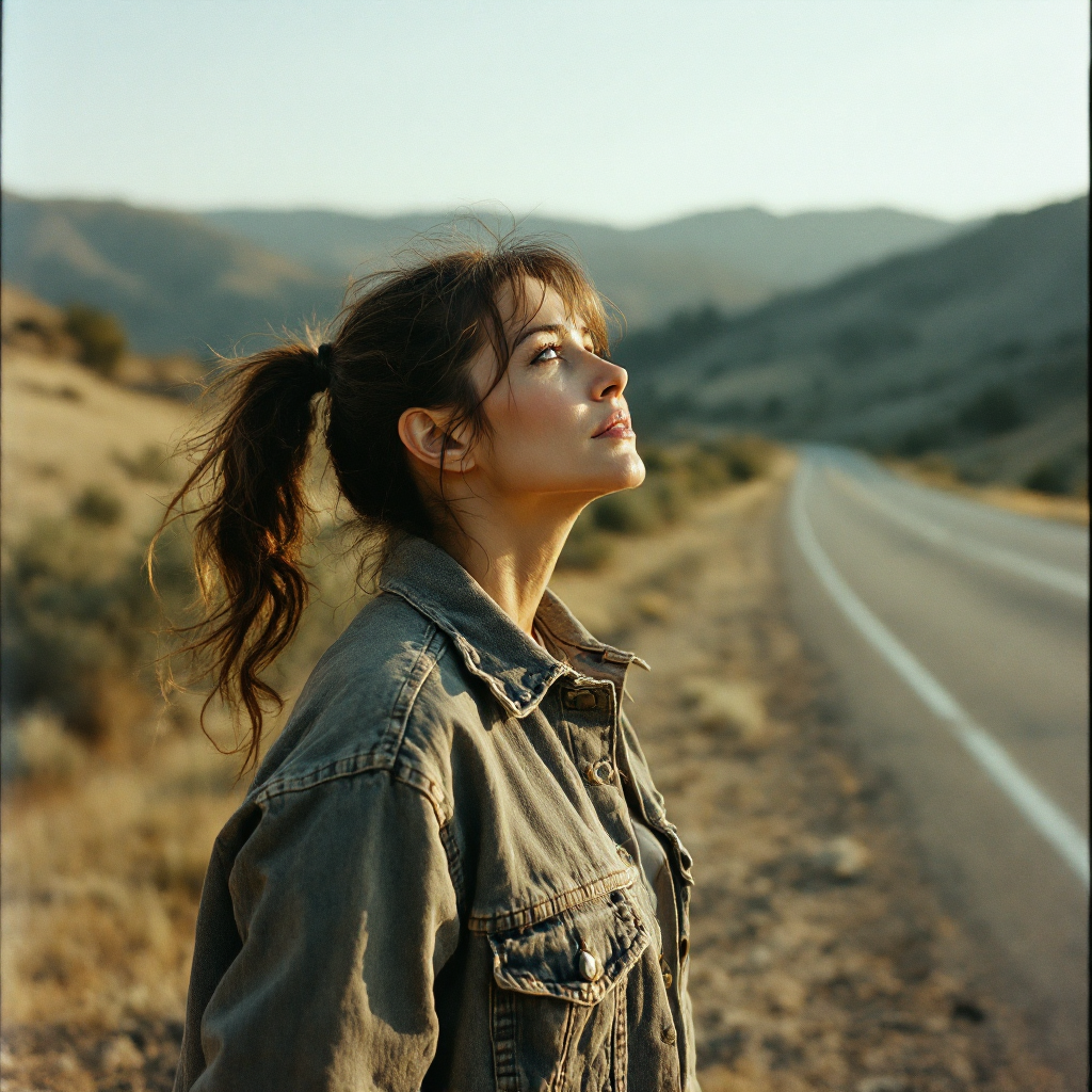 A woman in a denim jacket stands by a winding road, gazing upwards, surrounded by mountains, embodying the spirit of journey and the stories collected along the way.