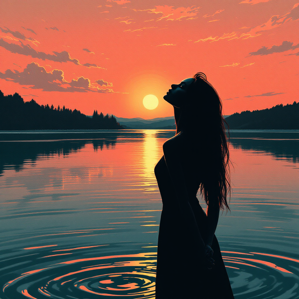 A silhouette of a woman standing by a tranquil lake at sunset, reflecting the quote about embracing change and finding empowerment in one's actions.