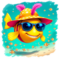 A cheerful, cartoonish fish wearing a bright polka-dot hat and sunglasses swims amidst smaller fish, embodying the playful essence of the quote, It is my wish for you to be my fish.