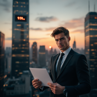 A businessman in a suit stands with papers in hand against a city skyline at sunset, reflecting on the message: It’s not how much money you make, it’s how much money you keep.