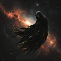 A cloaked figure with flowing tendrils floats in a cosmic backdrop, embodying the idea that our true selves are often perceived differently by others.