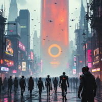 A futuristic cityscape under a glowing orange sky, filled with towering buildings and neon lights. Silhouetted figures walk through the bustling streets, embodying the vastness of the universe.