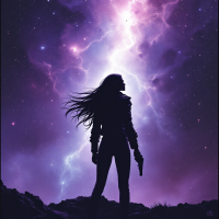 A silhouetted figure stands against a vibrant cosmic backdrop, embodying bravery amidst swirling galaxies, reflecting the quote: Any fool can be brave. It’s the coward who takes a second look.