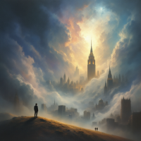 A figure stands on a hill overlooking a misty, ethereal cityscape, with towering spires piercing a radiant sky, embodying the transformation of urban environments and reality.