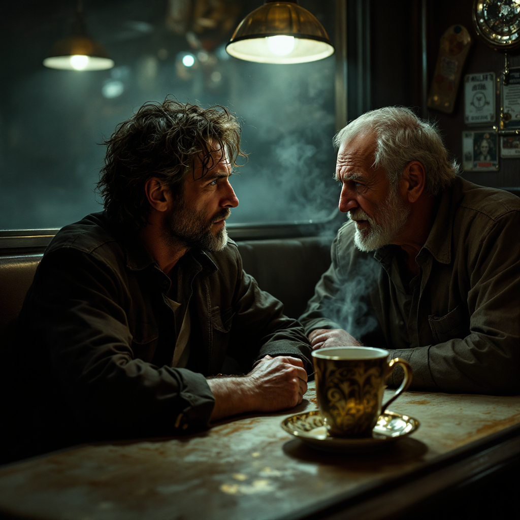 Two men sit at a dimly lit table in a smoky bar, engaged in a tense conversation about morality, reflecting the quote on right and wrong by Holden and Miller.