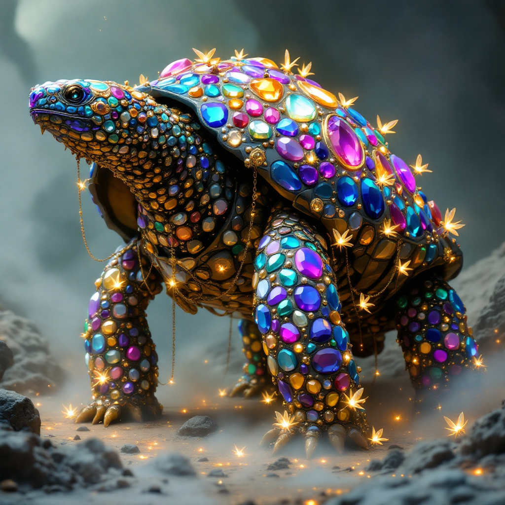 A vibrant, jewel-encrusted turtle stands amidst a rocky landscape, its shell adorned with intricate patterns of colorful gems, while small critters attached by gold chains move across its armor.